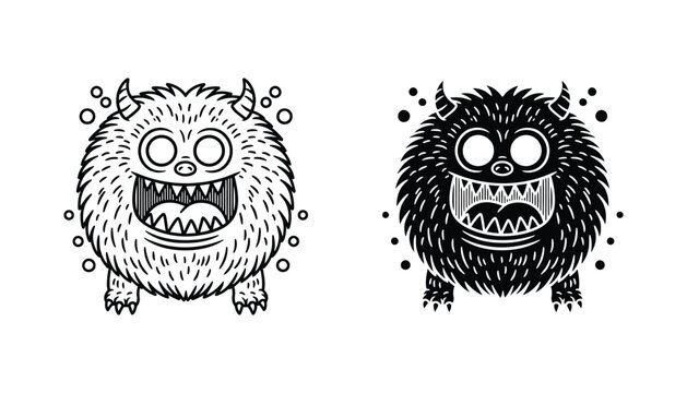 Friendly fuzzy monster character with horns and big eyes in both outline and solid black vector styles perfect for children book illustrations and fun brand mascots