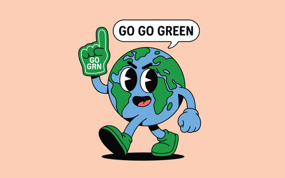 An excited cartoon Earth character with a wide open mouth walks dynamically holding a green foam finger