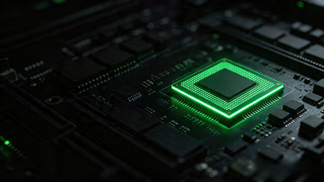 Glowing green microprocessor chip