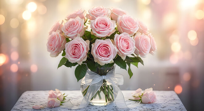 Bouquet of pink roses in a glass vase on a table with bokeh background