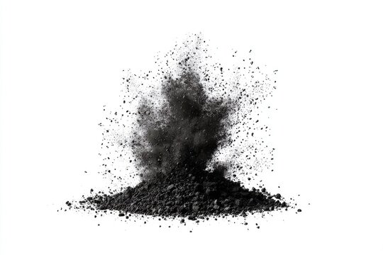 Black powder explosion against a stark white backdrop, showcasing dynamic dispersal