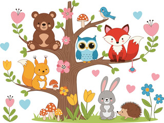 Naklejka premium Cute Woodland Animal Tree Set Featuring Bear Fox Owl Squirrel Rabbit and Hedgehog with Colorful Flowers and Mushrooms for Childrens Nursery Wall Art and Nature Illustration Designs