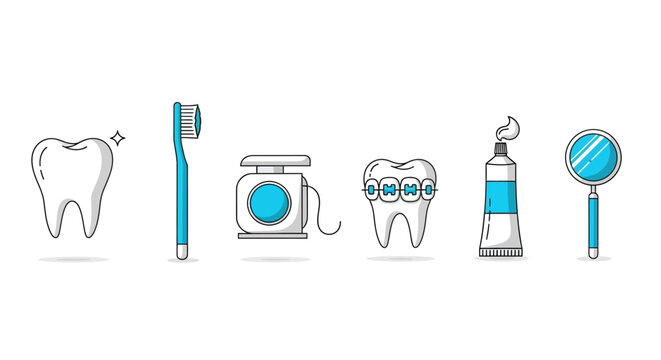 Flat lay of dental care icons including tooth, toothbrush, dental chair, tooth with glasses, toothpaste, and dental mirror on a white background with a clean and educational style.