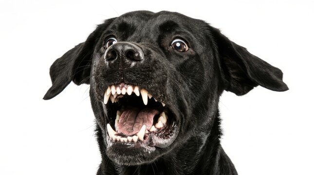 Aggressive Black Dog Showing Teeth with Open Mouth and Baring Fangs on White Background