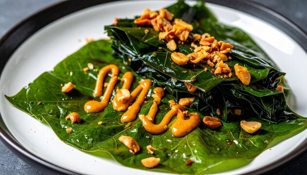 Indonesian pecel. Indonesian pecel with peanut sauce, leafy greens, and crispy toppings, a classic Javanese salad dish for authentic local food branding.