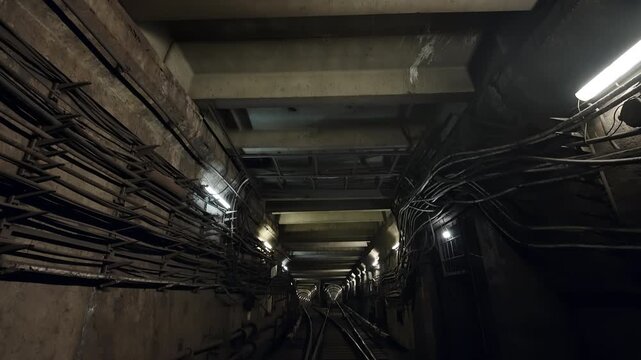 Dark underground railway tunnel with converging tracks, overhead concrete beams, dense utility cables, and dim industrial lighting extending into the distance