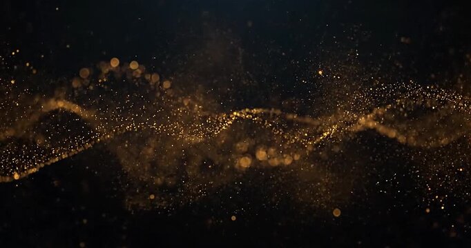 Swirling golden particles depict glittering dust in dark space. Perfect for backgrounds, festive designs, luxurious concepts, and celestial themes.
