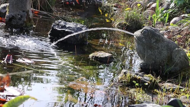 Wasser speiender Frosch aus Stein am Gartenteich, Nordrhein-Westfalen, Deutschland