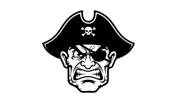 Angry pirate face mascot vector with hat and eye patch isolated on white