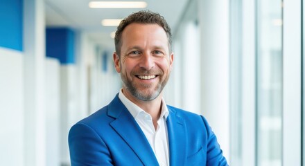 Fototapeta premium Confident businessman in blue blazer smiling in bright modern office with businessman, professional