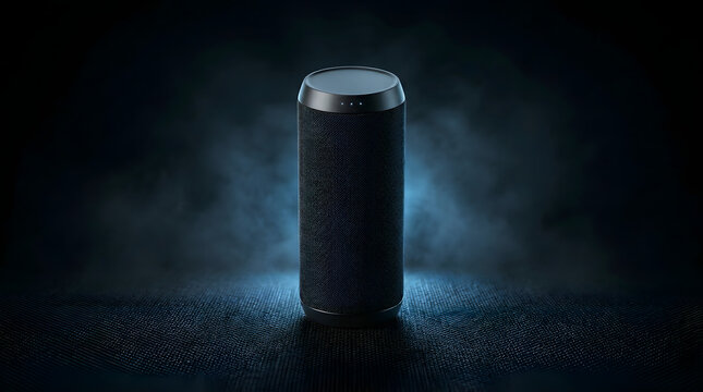 Modern portable Bluetooth speaker on a dark, moody background with atmospheric smoke