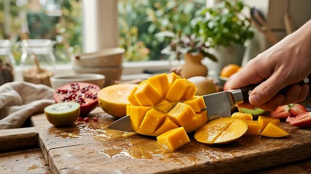 A hand cuts a mango on a wooden board with fruit.