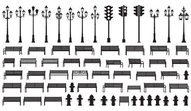 Extensive set of urban street furniture silhouettes including lamp posts benches and fire hydrants for city planning design