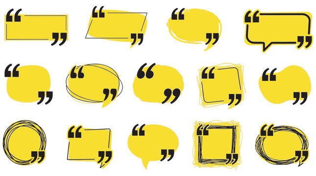 Yellow quote box frames and speech bubbles collection with quotation marks for typography and social media design vector set