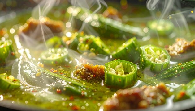 Okra stew. Close-up okra stew with sliced green okra and meat in a rich sauce, ideal for African cuisine, comfort food, and recipe visuals.