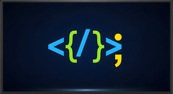 Abstract Programming Code Symbols with Brackets and Semicolon on Dark Background, Software Development and Coding Concept Illustration
