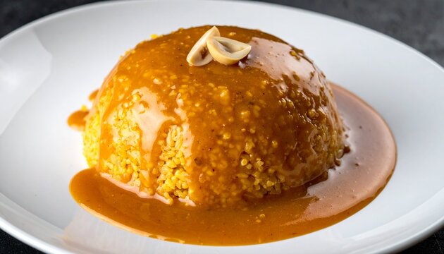 Basbousa semolina cake. Middle eastern semolina cake with caramel syrup and almond garnish, served on a white plate for dessert, bakery, and sweet food concepts.
