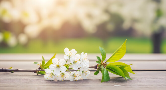 spring flowers on wooden table outdoor