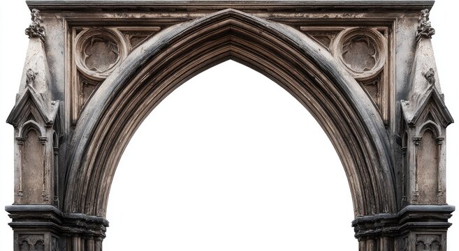 Ornate stone gothic arch with detailed tracery and crumbling texture
