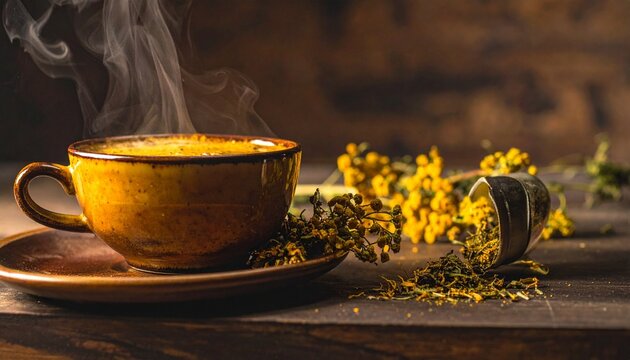 Turmeric tea cup. Warm turmeric tea cup with flowers and earthy tones, styled for healthy drink, herbal remedy, and cozy lifestyle concepts.