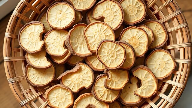 angelica. Dried slices of Angelica root on a bamboo basket. menu design, packaging mockups, designed for culinary blogs and recipe cards for restaurants, used by ngo communicators.
