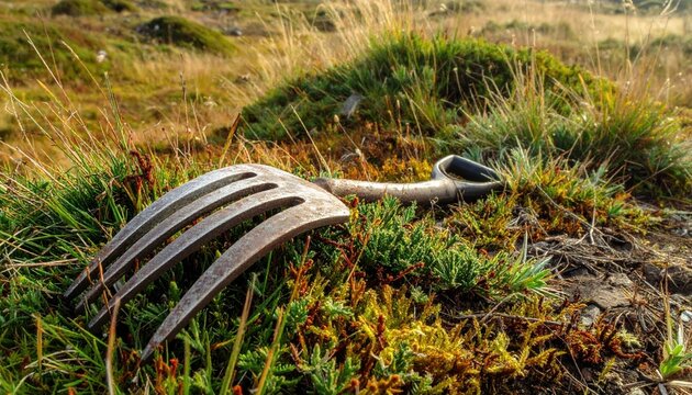 Bent and tarnished metal fork lying abandoned amongst weeds in a natural outdoor setting