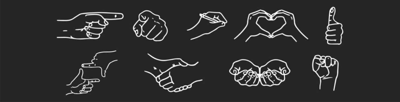 Hand gesture icon set with outline signs on dark background. Communication poses including handshake, thumbs up, heart hands, and pointing icons for UI and infographic design. Clean line vector collec