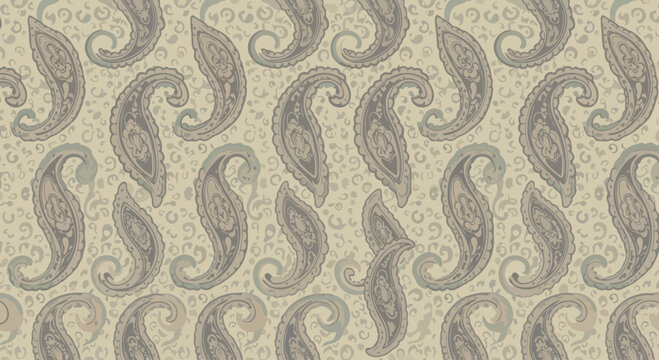 Subtle, muted paisley pattern with scrolling floral elements on a textured background