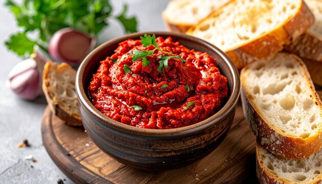 Muhammara dip. Middle Eastern roasted red pepper dip with a smooth texture, served in a bowl with bread and herbs, bold and flavorful.