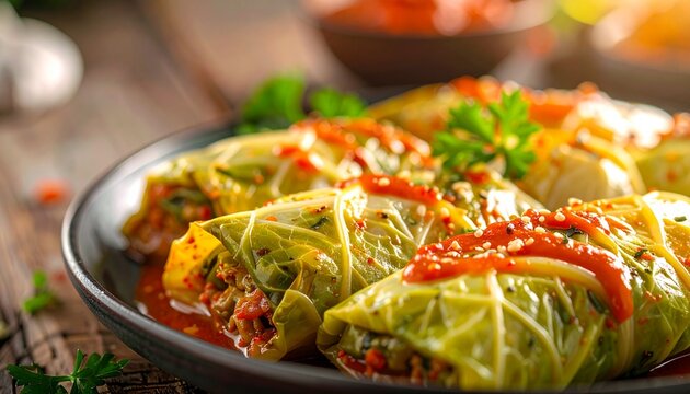 Baked cabbage rolls. Green cabbage rolls baked in a rich tomato glaze, classic homemade stuffed vegetables with a hearty comfort food look.
