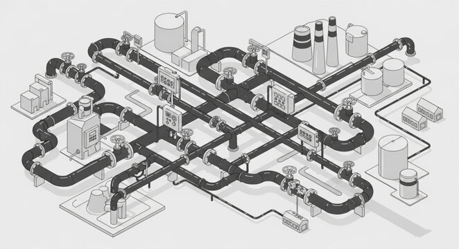 Complex Subway System Network Illustration with Tracks and Stations.