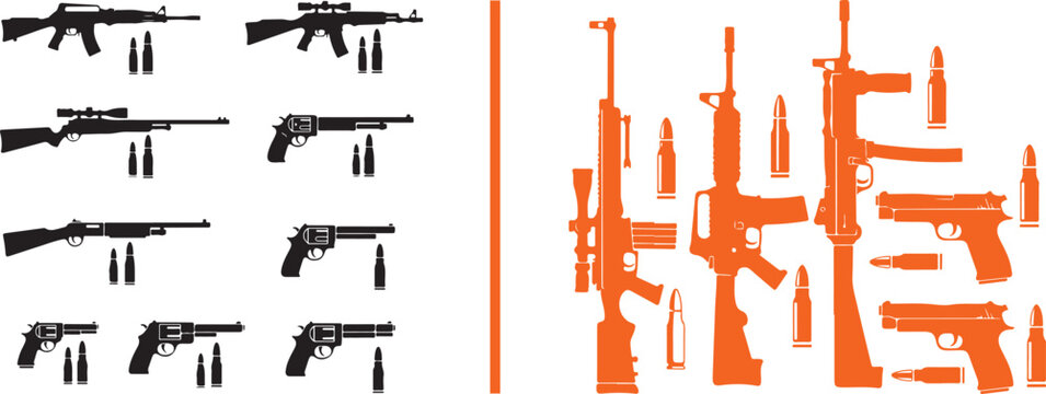 Collection of firearm silhouettes including assault rifles handguns and bullets vector illustration for military and security infographics
