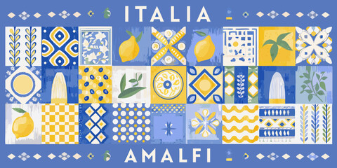 Colorful amalfi coast inspired tile pattern with lemons and floral motifs © Asadul
