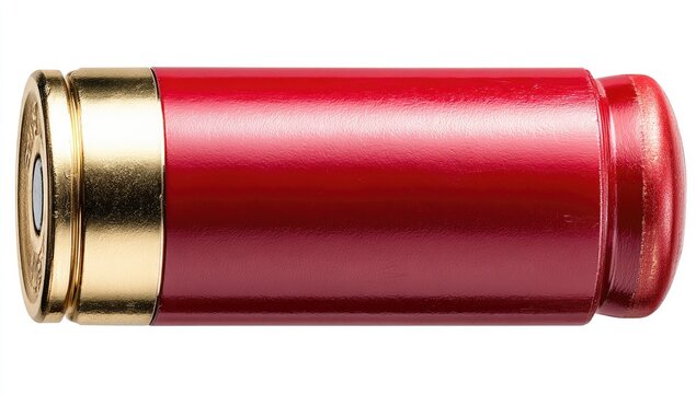 A shiny red shotgun shell with a golden brass rim rests on white