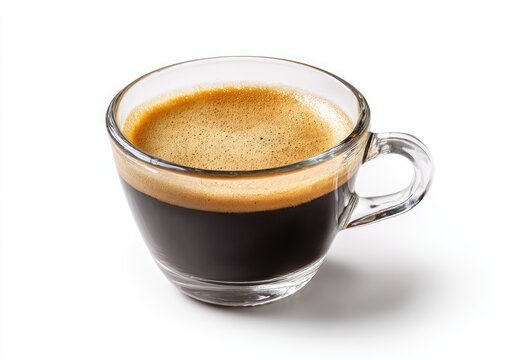 Rich dark espresso with a creamy tan crema in a clear glass cup