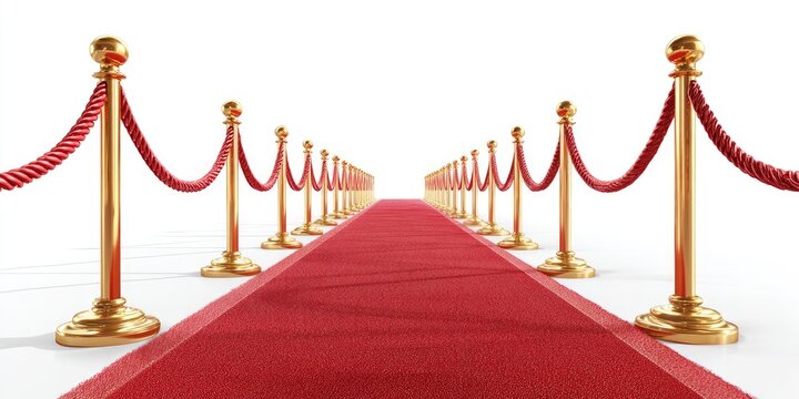 A long red carpet stretches into the distance, framed by golden stanchions with red rope