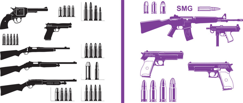 Firearm silhouettes and ammunition collection vector illustration including pistols shotguns and rifles