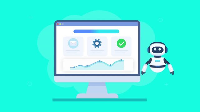 Animated video of a robot assistant beside a computer dashboard showing system monitoring, automation status, success indicator, and analytics, representing AI powered workflow management.