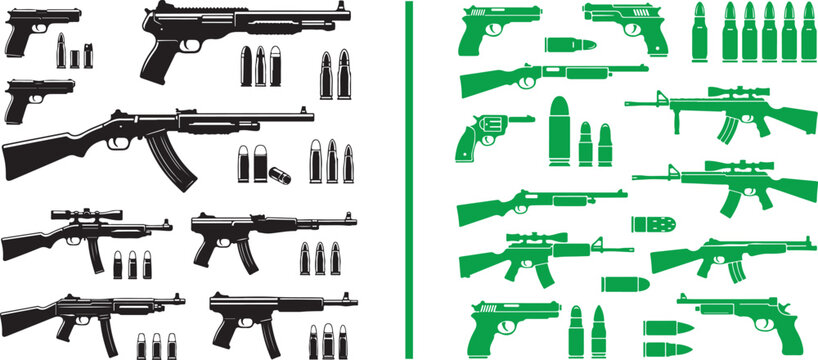 Vector Illustration Set of Firearm Silhouettes Including Pistols Rifles and Ammunition for Tactical and Military Design