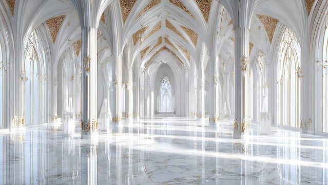 Luxurious White Gothic Hallway with Gold Accents and Marble Floor