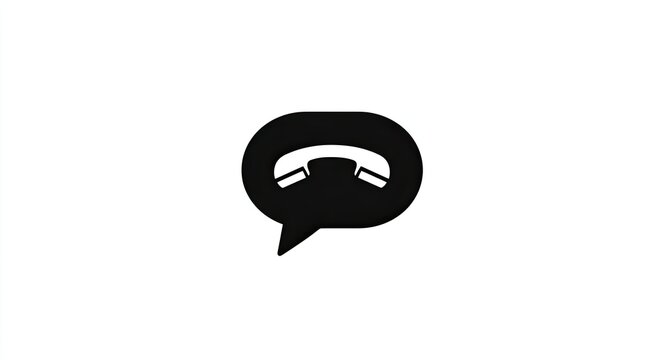 Black icon of a call receiver inside a speech bubble, white background