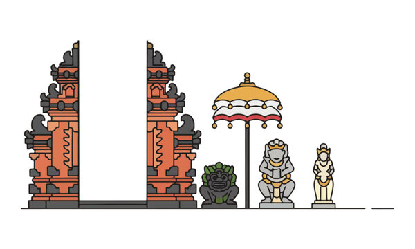 Bali Temple Candi Bentar Gate with Statues and Umbrella Vector