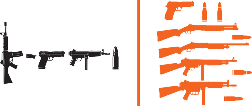 Firearms and ammunition vector silhouette collection featuring rifles handguns and submachine guns for security and defense