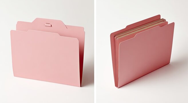 Two views of a pale pink, two-pocket folder with tab, against a white background