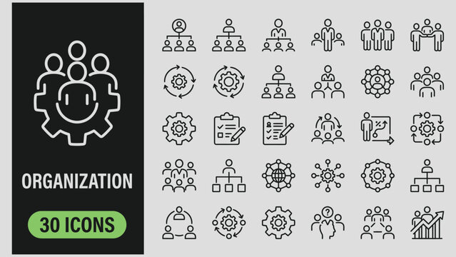Organization management set of web icons in line style. Human resource linear icon collection. Containing business people,  hierarchy, leadership and more,teamwork, structure. Editable stroke
