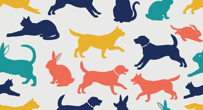 Colorful silhouette animals in a playful, scattered pattern on a light background
