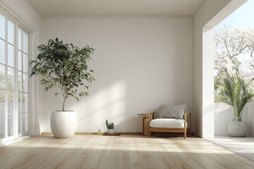 Fototapeta premium Minimalist Scandinavian living room with large blank wall, wooden floor, natural light, potted plants, and cozy armchair creating calm and inviting atmosphere