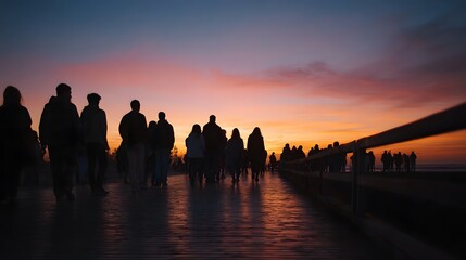 Naklejka premium Silhouettes of a crowd gathered on a pier at sunset viewing the colorful dramatic sky over the water