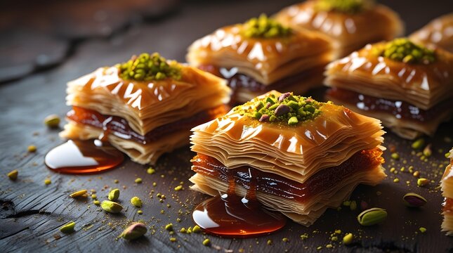 close-up of traditional baklava pieces with layered golden brown pastry and rich amber syrup dripping from the edges, placed on a dark rustic wooden background with subtle texture and warm undertones