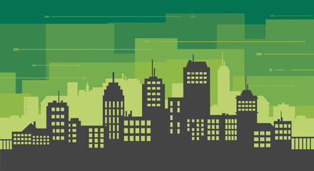 Fototapeta premium A silhouetted cityscape against a backdrop of abstract green geometric shapes and lines, suggesting urban development and modern architecture
